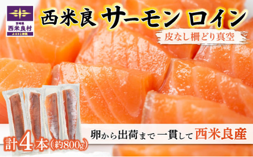 【サーモン・サーモンロイン】西米良サーモン ロイン (皮なし柵どり真空) 4本 (約800g) | 西米良サーモン サーモン西米良 高級サーモン ロイン サーモン刺身  完全無投薬 海鮮食品 魚介類 正月 お歳暮 宮崎県 西米良村