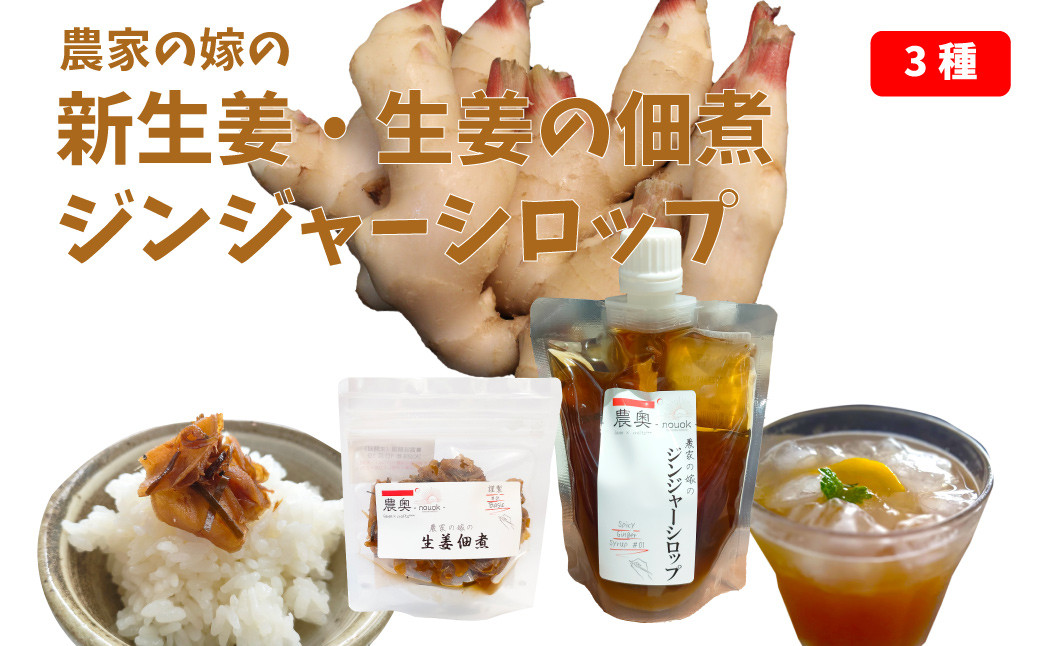 
            【新生姜1kg・佃煮1袋・シロップ1個】農家の嫁の生姜佃煮1袋70g ジンジャーシロップ200ml クラフトジンジャー 掘りたて 土付き 新ショウガ 1kg ごはんのお供　＜新生姜収穫後11月下旬頃から順次発送＞（C）
          