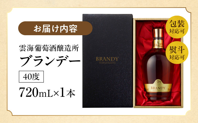 【最速便】雲海葡萄酒醸造所 ブランデー 720ml 国産 国産ブランデー 酒 洋酒 お酒 アルコール 果実酒 葡萄酒 熟成 蒸留 贈答用 贈り物 ギフト プレゼント 記念日 誕生日 イベント 手土産