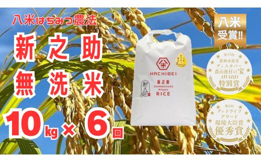 【令和8年産新米予約】【環境大臣賞受賞】【特別賞受賞】 6ヶ月定期便 無洗米 新之助 10kg×6回 計60kg 農家直送 ほんのり甘い「はちみつ農法」 白米 精米 HACHIBEI 八米 新潟県 米 こめ コメ 新米 新米予約 令和8年度産 10月中旬より順次発送予定 1L26173