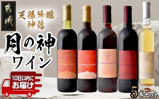 
                  天孫降臨神話・月の神 ワイン5本セット ≪みやこんじょ特急便≫_AG-20-023-Q_(都城市)  赤ワイン 720ml 750ml 白ワイン 375ml 極甘口 辛口 やや甘口 11度 12度 13度 14度 お酒 地酒 果実酒 ぶどう酒 葡萄酒
                