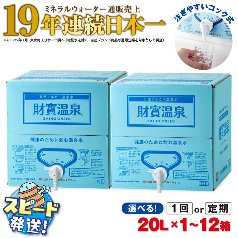 【ふるさと納税】【配送方法が選べる】 水 ミネラルウォーター 温泉水 20L(通常便：1箱・2箱 / 定期便：1箱or2箱×3〜6回・計60〜240L) 水 ミネラルウォーター 温泉水 20L 天然アルカリ温泉水 財寶温泉 シリカ シリカ水 すぐ届く【財宝】