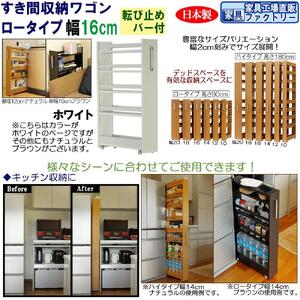 【ホワイト × 幅 16cm】すき間収納ワゴン ロータイプ 転び止めバー付き