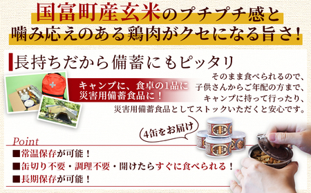 ＜鶏の炭火焼きがゴロゴロ入った玄米リゾット4缶セット（155g×4個）＞準備でき次第翌々月までに順次発送【 国富町産 玄米 炭火焼き レトルト食品 簡単調理 常温保存 宮崎の味 ご当地グルメ 本格炭火