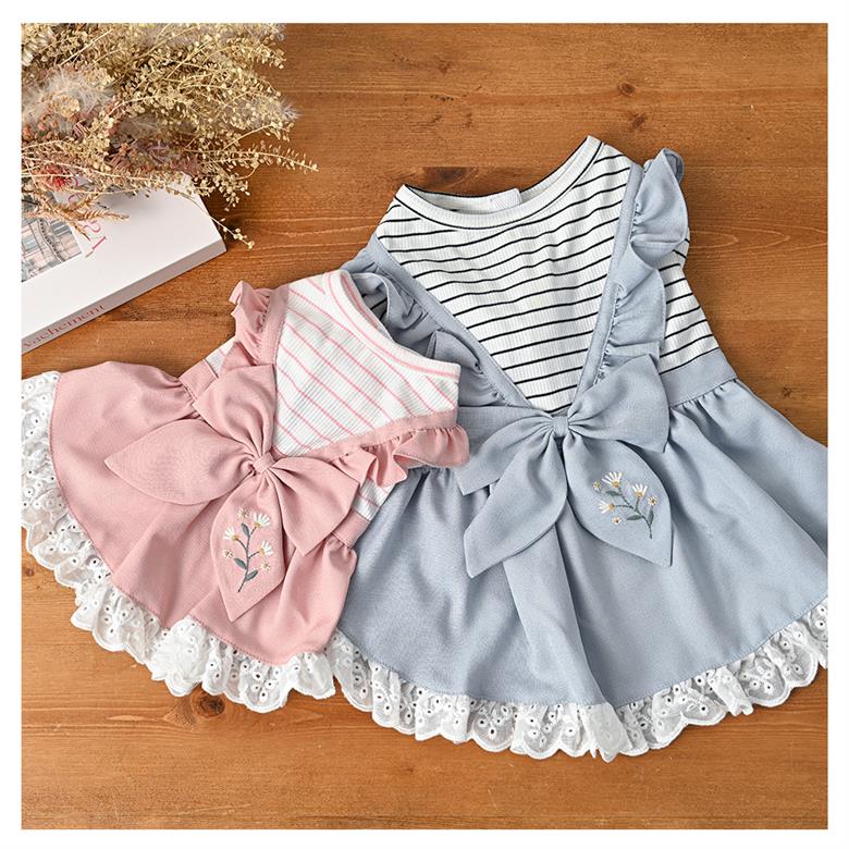 リボンボーダーワンピース ブルー (L) かわいい ドッグウェア 春夏 小型犬  【ココアトワ(cocoAtoi)】