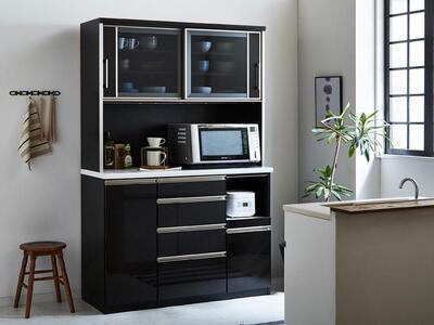 （ブラック木目）【開梱設置】 カプリス キッチンボード 幅120cm 耐震 食器棚 引き戸 ダイニングボード 完成品 キッチン収納 120幅 国産 大川家具