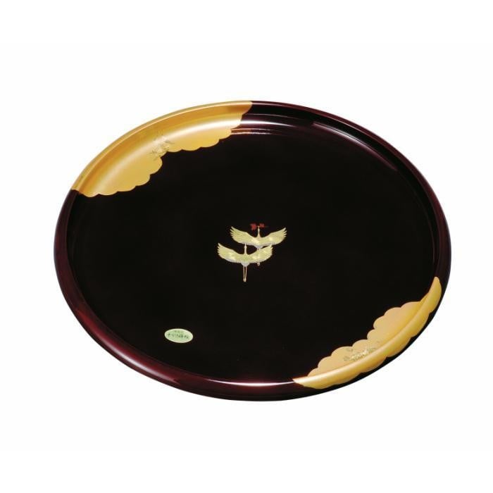 
            紀州塗り 丸盆 金雲昇鶴 溜塗り 24cm ［YG451］
          