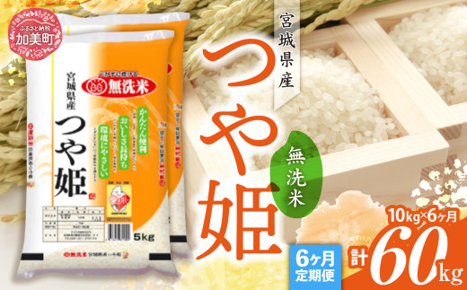 【定期便6回】令和7年産 宮城県産 つや姫 無洗米 10kg(5kg×2）×6回 [カメイ 宮城県 加美町 ] お米 こめ コメ 精米 白米 | km-th10-mu-t6-r7