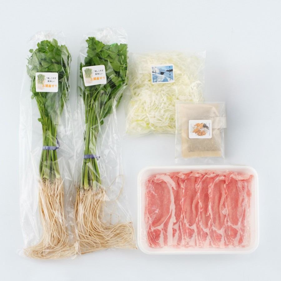 雪中ネギと三関産せり、笑子豚のしゃぶしゃぶセット