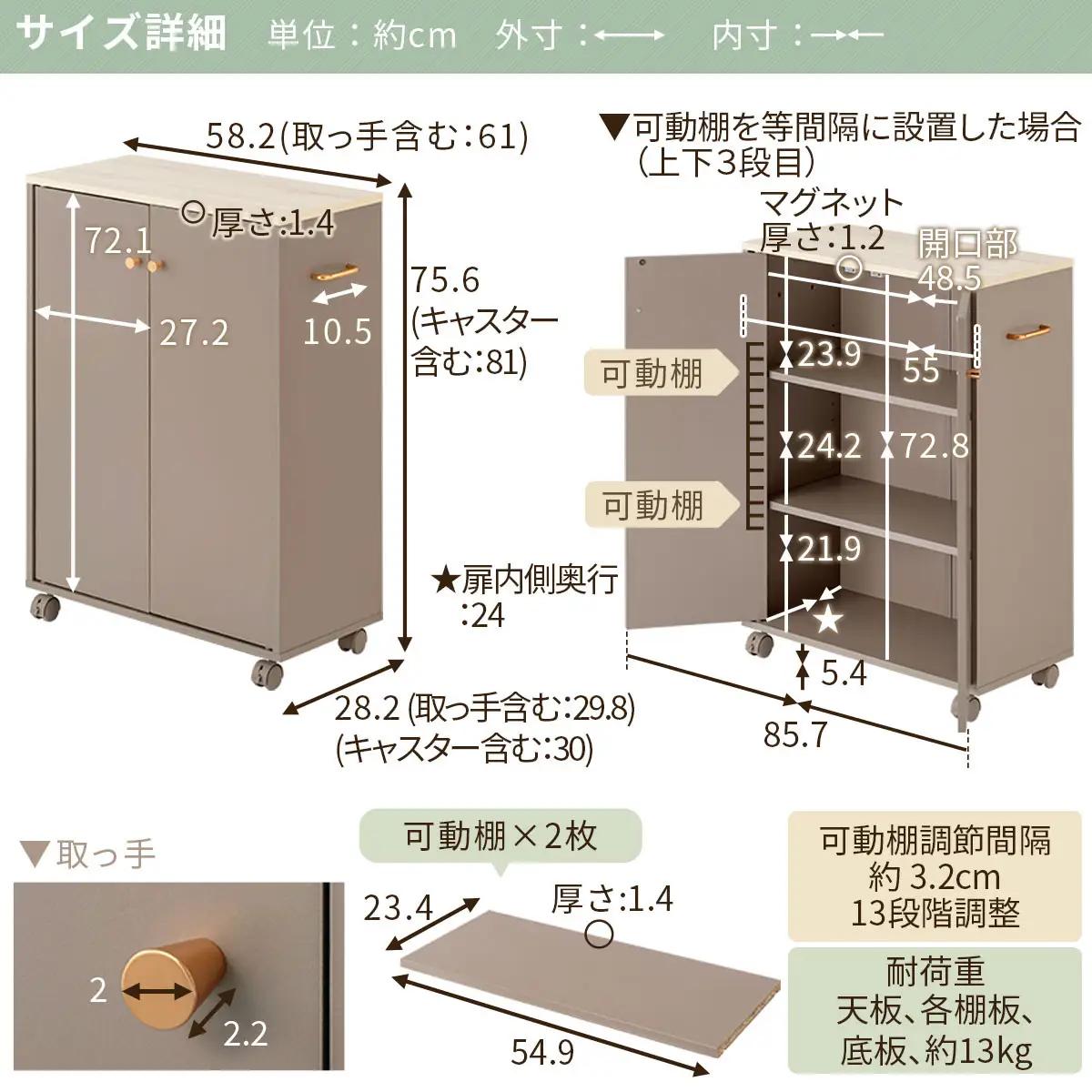 【完成品でお届け】キャスター付き収納ラック（グレージュ）Toffy トフィー 収納ラック 推し活 収納棚 扉付き サイドワゴン デスクワゴン キャスター付き 3段 木製 ラック スリム 収納ボックス 