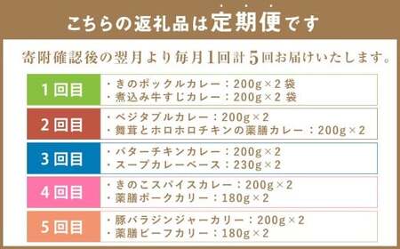 カラダ想いのスパイスカレー（2種4個×5回）毎月【5回定期便】 薬膳ビーフカリー 豚バラジンジャーカリー 薬膳ポークカリー きのこスパイスカレー スープカレーベース バターチキンカレー ベジタブルカレ