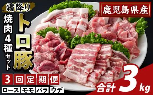 K-379-D ＜3回定期便＞鹿児島県産霜降りトロ豚 焼肉用バラエティセット(計3kg)【ふるさと産直バザール】霧島市 ロース バラ ウデ モモ 焼き肉 ヤキニク 豚肉 国産 鹿児島県産 肉 精肉 小分け セット 食べ比べ 定期便