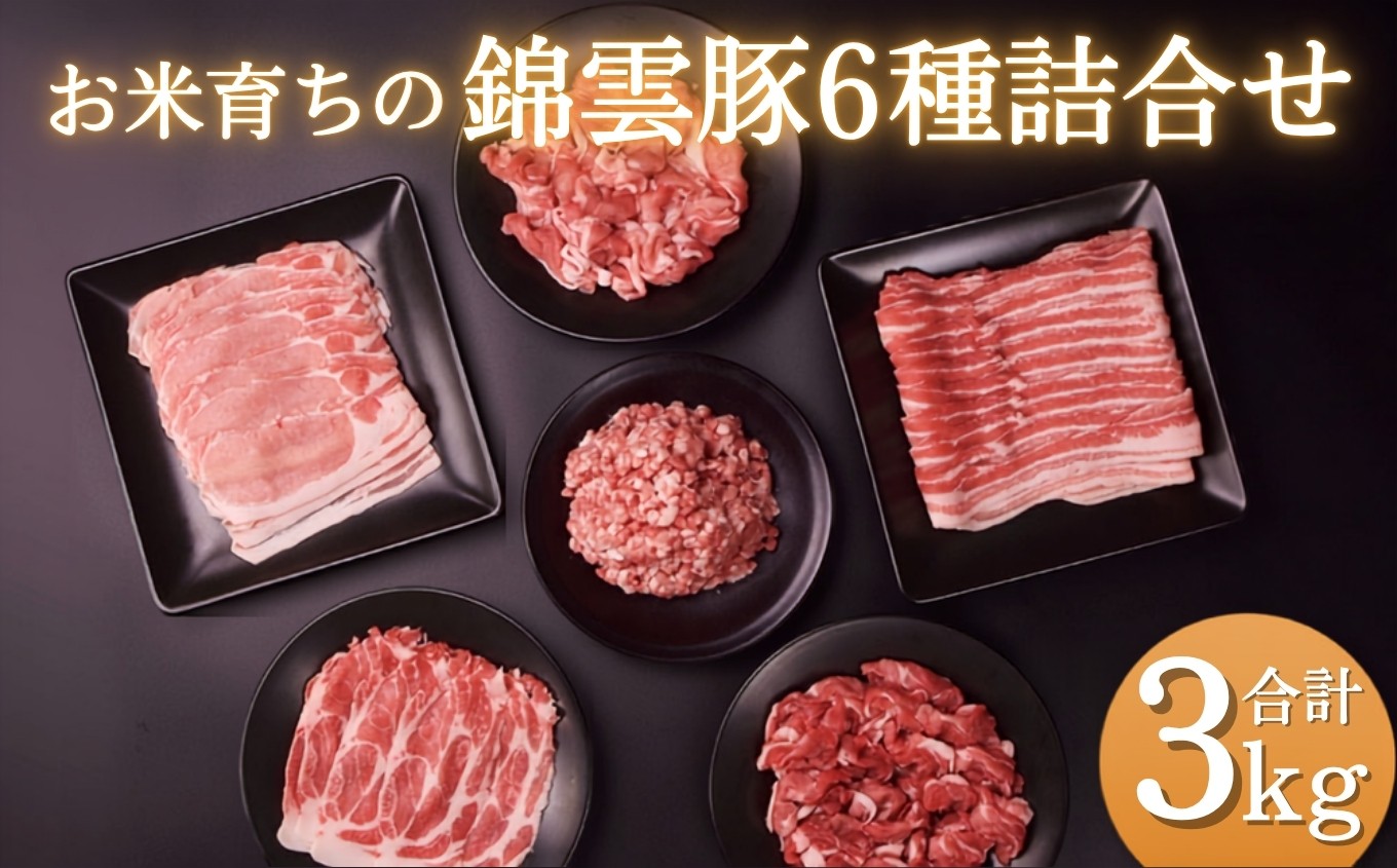
                  高級 ブランド 錦雲豚 たっぷり 3kg 詰め合わせ 6種 セット | お米育ちの 錦雲豚 しゃぶしゃぶ 生姜焼き 丼 バラ ロース モモ ミンチ うで 豚肉 冷凍 送料無料
                