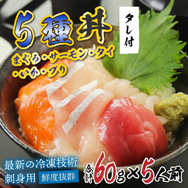 【ふるさと納税】【刺身用】海鮮丼の具5種盛り（マグロ・サーモン・タイ・イカ・ブリ）60g（タレ付） × 5人前　/ 国産 グルメ 鮪 マグロ 鮭 タイ 鯛 イカ 海の幸 海鮮【最新の冷凍技術】 [B-11016]