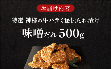 特選神様の牛ハラミ 秘伝たれ漬け 500g（味噌だれ1p）