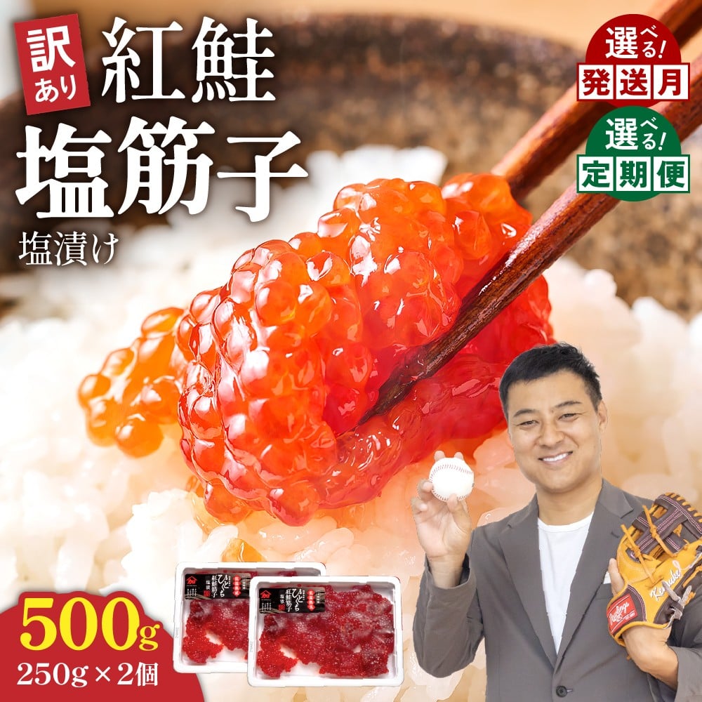 
            〈選べる回数・配送月〉【レビューキャンペーン実施中】年内配送　年内発送　北海道　訳あり 紅鮭塩筋子500g (250g×2個入）加藤水産 ひとくちカット　すじこ 魚卵 海鮮 おかず おにぎりの具 贈答 ギフト 人気 留萌市 R002-005-o
          