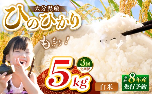 【定期便3回】R8年産大分県産米 ヒノヒカリ 白米 5kg | お米 米 おこめ こめ 精米 ひのひかり 単一米 ご飯 九州産 国産 国産米 大分県米 九州米 定期 定期便 大分県 中津市