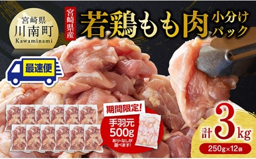 鶏肉 【手羽元500gあり・なしが選べる】【発送月が選べる】【小分け】宮崎県産若鶏　もも肉計3kg（250g×12袋） 【 鶏 肉 鶏肉 国産 モモ 手羽元 九州産 鳥 小分け 使いやすい 便利 】ⅢⅢ  [F0904 C00902]