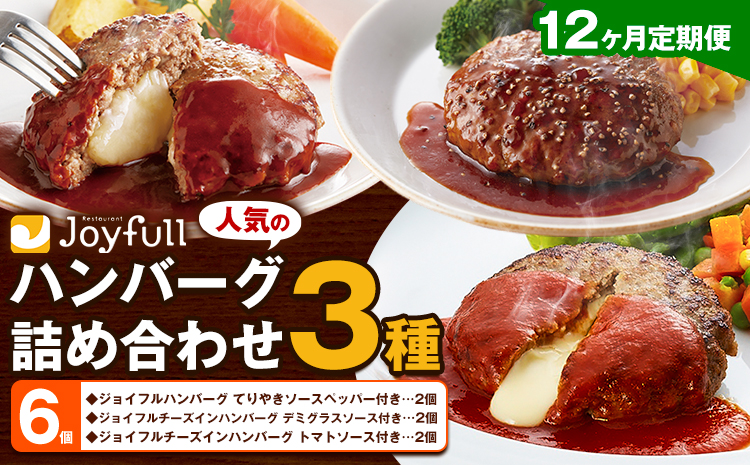 【12ヶ月定期便】ジョイフルハンバーグ 人気の詰め合わせ 6個 生ハンバーグ チーズインハンバーグ 1個120g ソース付き 食べ比べ 3種類 セット 牛肉 ジョイフル 焼くだけ ハンバーグ 惣菜 お