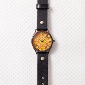 伝統工芸文様【花黄】和染千代紙で作る文字盤が可愛いハンドメイドウォッチ ベルトカラー：黒 WJ004L 花黄-黒 腕時計