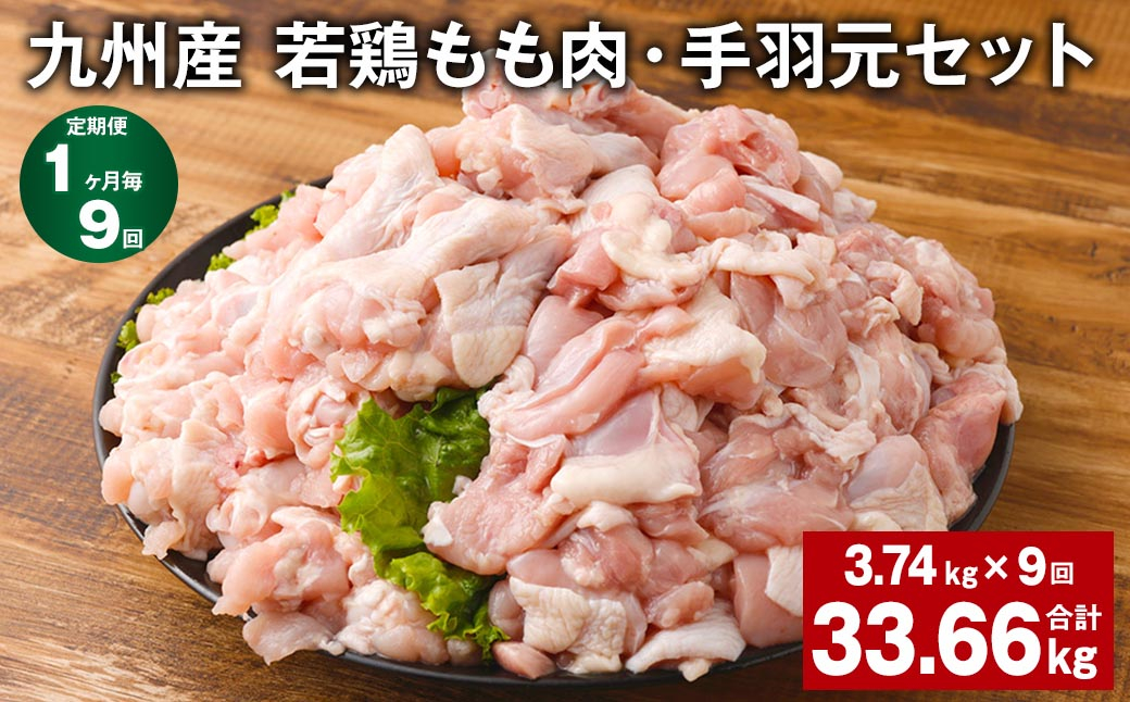 
【1ヶ月毎9回定期便】 九州産 若鶏もも肉・手羽元セット 計約33.66kg（約3.74kg✕9回） 鶏肉 もも肉 手羽元
