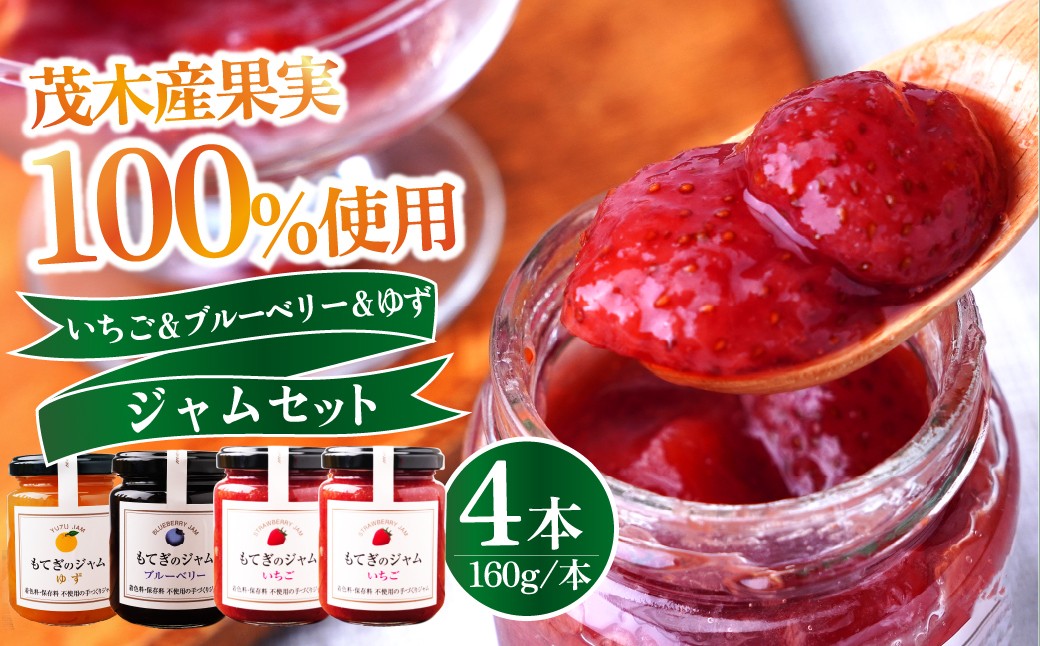 
                  茂木産果実100％使用！ イチゴ＆ブルーベリー＆ゆずジャム 160g×4本  保存料・着色料・香料不使用 | いちご イチゴ 苺 ブルーベリー ゆず 柚子 果実 フルーツ 手作り 果肉 朝食 トースト パン ヨーグルト 詰め合わせ 保存料 着色料 不使用 おいしい 美味しい 茂木産 もてぎプラザ 栃木県 茂木町
                