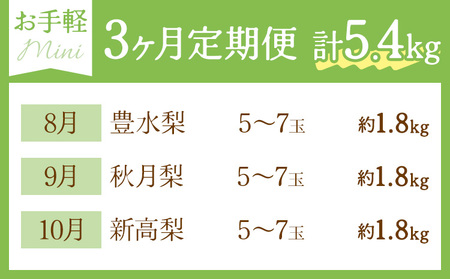 【3ヶ月定期便】梨 定期便 秀品 3ヶ月連続 梨の定期便 ミニ 計5.4kg 日本フルーツ株式会社《8月上旬-10月末頃出荷》熊本県 長洲町 なし ナシ 豊水梨 秋月梨 新高梨 果物 フルーツ