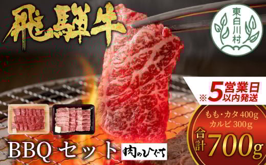 【スピード発送】 飛騨牛 BBQセット (カルビ300g＋もも・カタ焼肉用400g) 計700g A5 A4 国産 牛 冷凍 和牛 牛肉 カルビ もも モモ カタ 肩 かた 豪華 ギフト 贈答 にく お肉 肉 東白川村 岐阜 飛騨 贅沢 霜降り 赤身 肉のひぐち 20000円 二万円 すぐ届く 即納 最短発送 最速発送