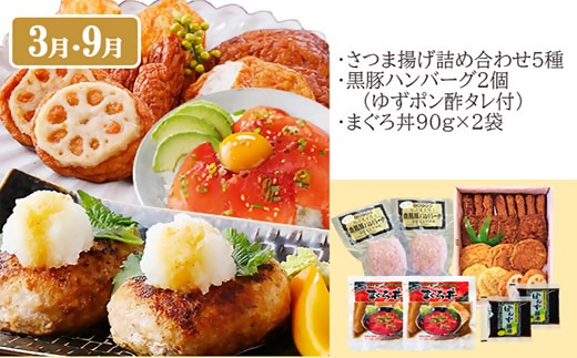 定期便(6回配送)　枕崎お楽しみ定期便(黒毛和牛・黒豚・加工品etc)　FF-6003【1487879】_ ふるさと納税 定期便 牛肉 和牛 黒豚 サーロイン ステーキ  ブロック カツオ 焼肉 さつ