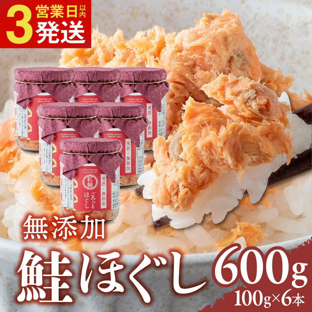 【ふるさと納税】鮭フレーク 無添加 無着色 鮭ほぐし 長期保存 瓶 天然 紅鮭 あらほぐし 600g(100g6本) 3回 定期便 常温保存 ご飯のお供 鮭 サケ さけ 骨なし 骨取り 子ども おにぎり ふりかけ 備蓄 瓶詰め ギフト お試し 岩手県 金ケ崎町