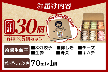 ＜国産野菜と県産豚肉をつかった冷凍生餃子いろいろ食べ比べセット 6種×5個 (タレ：ポン酢しょうゆ)＞（合計30個・各5個）プレーン・チーズ、生姜、野菜、梅、キムチをセットに♪【MI096-hc-01