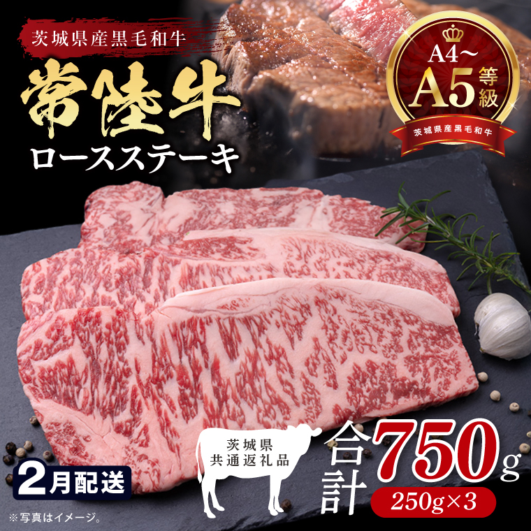 【2027年2月発送予定】最高級A4.A5ランク 常陸牛ロースステーキ750ｇ（250g×3）【人気肉 お肉 牛肉 和牛 黒毛和牛 国産黒毛和牛 ロース肉 ステーキ 国産牛 焼肉 焼き肉 バーベキュー BBQ A5 ブランド牛】(CR102-2)