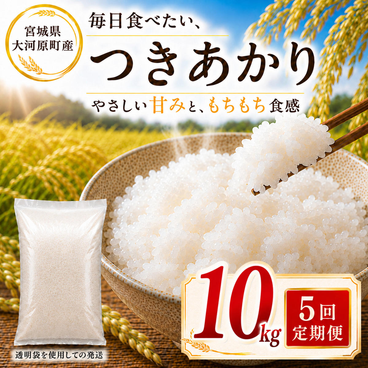 つきあかり 定期便 5回/10kg（5kg×2袋） 令和8年産 新米 ブランド米 白米 精米 【小分け】 宮城県大河原町産