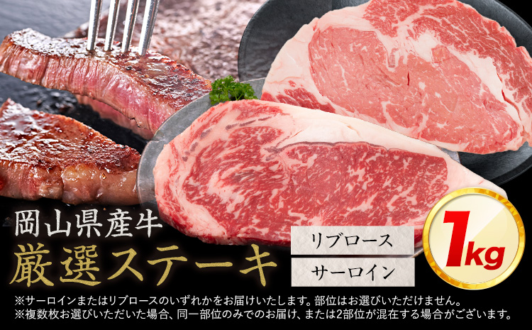 岡山県産牛 ステーキ サーロイン or リブ 交雑牛 1kg  お試し 大容量《60日以内に出荷予定(土日祝除く)》 岡山県 笠岡市 肉 ステーキ 高級部位 希少部位 グルメ お取り寄せグルメ