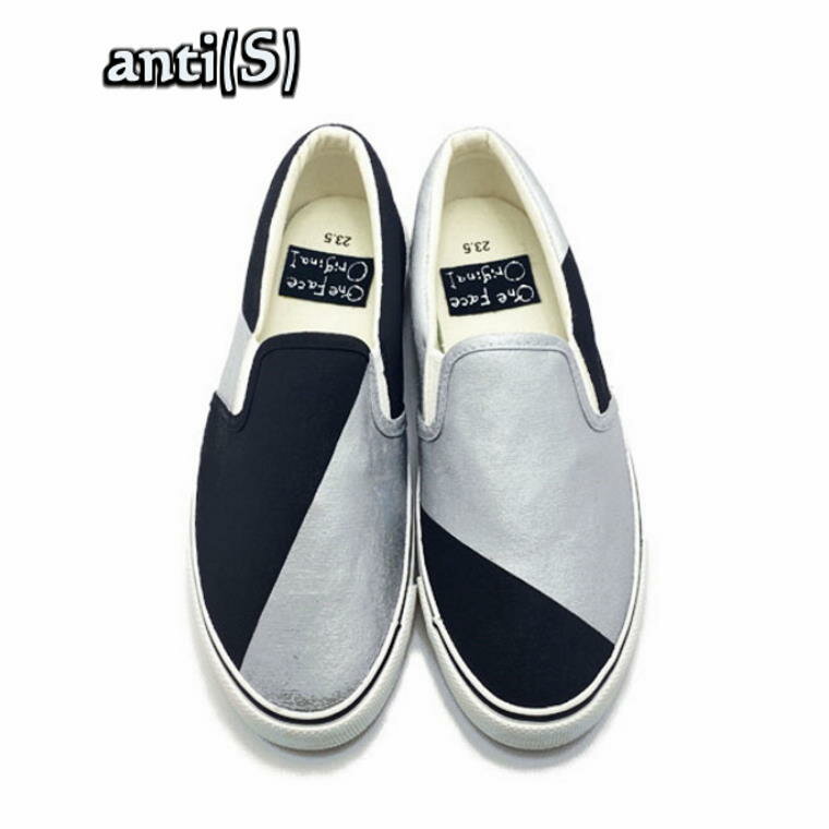 【ふるさと納税】手描き スニーカー anti（S） レディース メンズ ユニセックス スリッポン シルバー×ブラック ワイズ 2E 22.0～28.0cm おすすめ おしゃれ 【受注制作】