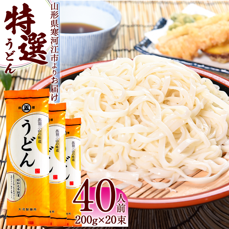 《2025年1月以降発送》製麺所こだわり 山形の「特選うどん(乾麺)」 20束（40人前） 大沼製麺所 【 お取り寄せ 備蓄 小分け 個包装 常温 保存 便利 ご当地 グルメ 土産 特産 名物 饂飩 東北 山形県 釜揚げ 煮込み ざるうどん かけうどん 】　010-F-ON012