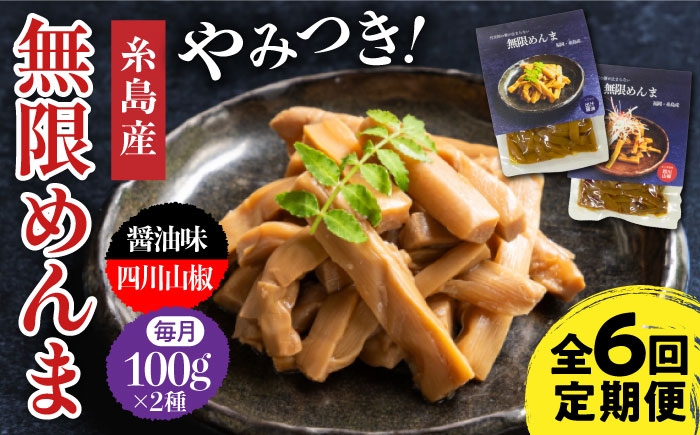
                  【全6回定期便】【国産】 無限 めんま 100g × 2種 食べ比べ セット ( 醤油味 / 四川山椒味 ) メンマ 糸島市 / 株式会社竹次郎 [AWJ009]
                