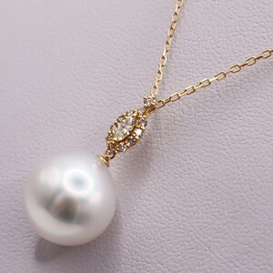 1953 【真珠科学研究所オーロラフェニックス鑑別書付】K18　南洋白蝶真珠13.0㎜　ダイヤモンド0.20ct 　ペンダントネックレス