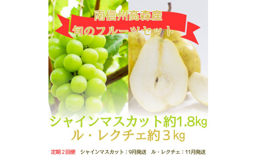 【発送月固定定期便】旬のフルーツセット シャインマスカット約1.8kg/ル・レクチェ約3kg 全2回 長野県 信州 南信州 高森町 くだもの 果物 ぶどう 洋梨 西洋梨