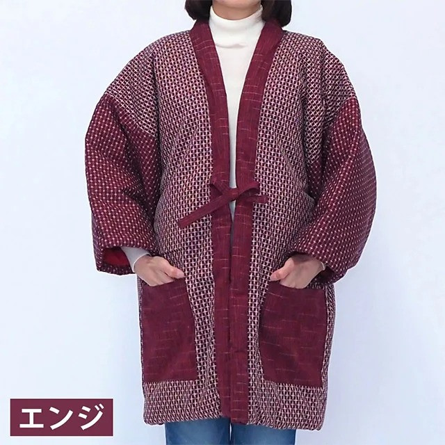 綿入れ 半纏 雪あかり柄【エンジ・からし・紺】 はんてん 織物 手縫い