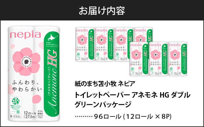 【A016】紙のまち苫小牧 ネピア トイレットペーパー アネモネHGダブル グリーンパッケージ（96ロール）　T001-002