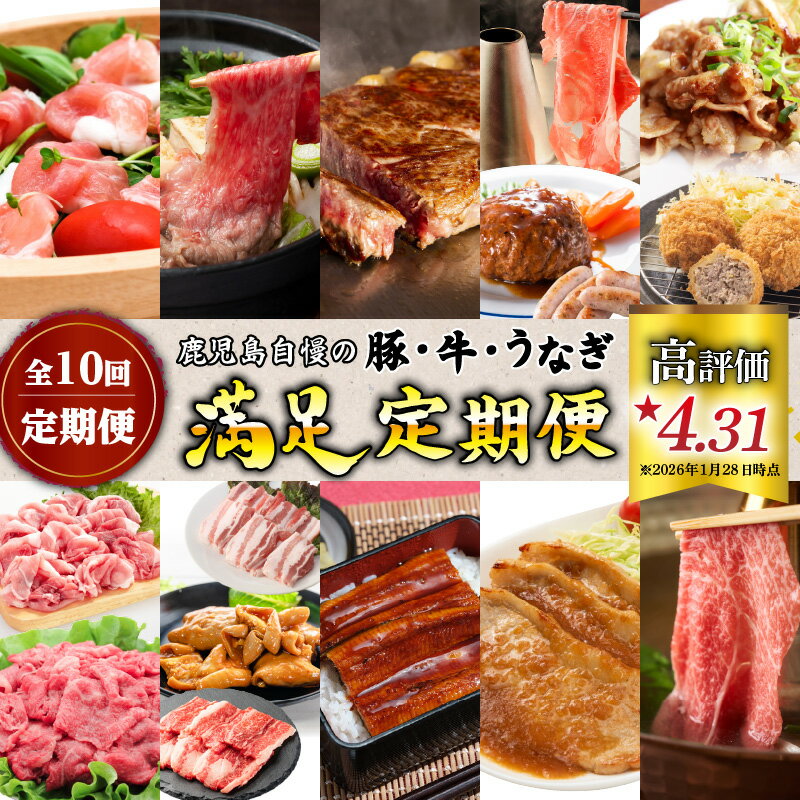 【ふるさと納税】【 全10回 定期便 】 鹿児島 自慢の 豚 ・ 牛 ・ うなぎ 「 満足 定期便 」 鹿児島市 鹿児島県産 九州 黒豚 黒毛和牛 ロースステーキ ハンバーグ 生ハム 黒豚 ソーセージ すき焼き しゃぶしゃぶ カルビ 味噌 もつ ホルモン 肉