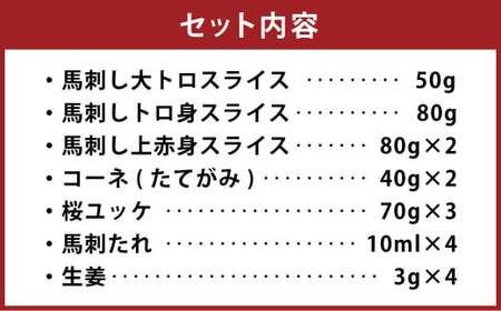 馬刺し 詰合せ ｢宴｣ 計約580g 5種 馬肉 大トロ トロ 赤身 たてがみ 桜ユッケ 食べ比べ たれ 生姜