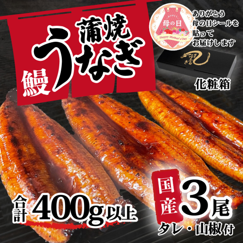 【母の日】【化粧箱】【 訳アリ 】 国産うなぎ 蒲焼き 3尾 セット ( 400g ) 大きさ の不揃い タレ・山椒付き ウナギ 鰻 ふぞろい 不揃い うな重 ひつまぶし 人気 茨城 八千代町 ふるさと納税 冷凍 ギフト 化粧箱 母の日