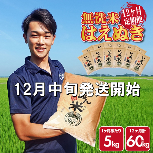SU0012　12月中旬発送開始／【12回定期便】無洗米はえぬき　5kg×12回(計60kg)　農家直送『いいあん米』AG