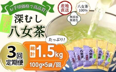 【定期便】八女茶100％ 深むし茶 計1.5kg（２カ月毎に100g５袋×３回） ＜岩崎園製茶＞　075-T001