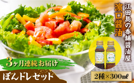【全3回定期便】かけるだけで大満足のぽんドレセット 300mL×2種 ポン酢 ドレッシング サラダ ゆず 鍋 醤油 しょう油 しょうゆ お醤油 セット 詰め合わせ 調味料 大豆 発酵食品 刺身 煮物 だし だし醤油 出汁醤油 出汁 濃口 濃い口 こいくち 安心 安全 手作り コク 旨味 国産 料理 グルメ 保存 リピート ギフト 人気 高品質 好評 広島県産 江田島市/濱口醤油[XAA029]