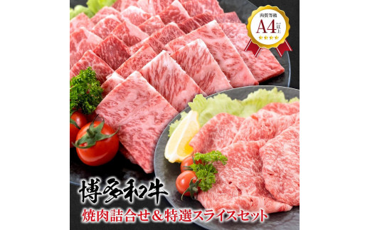 
            福岡県産 黒毛和牛A4ランク以上の博多和牛！ 焼肉詰め合わせ450g＆特選スライス300gセット
          