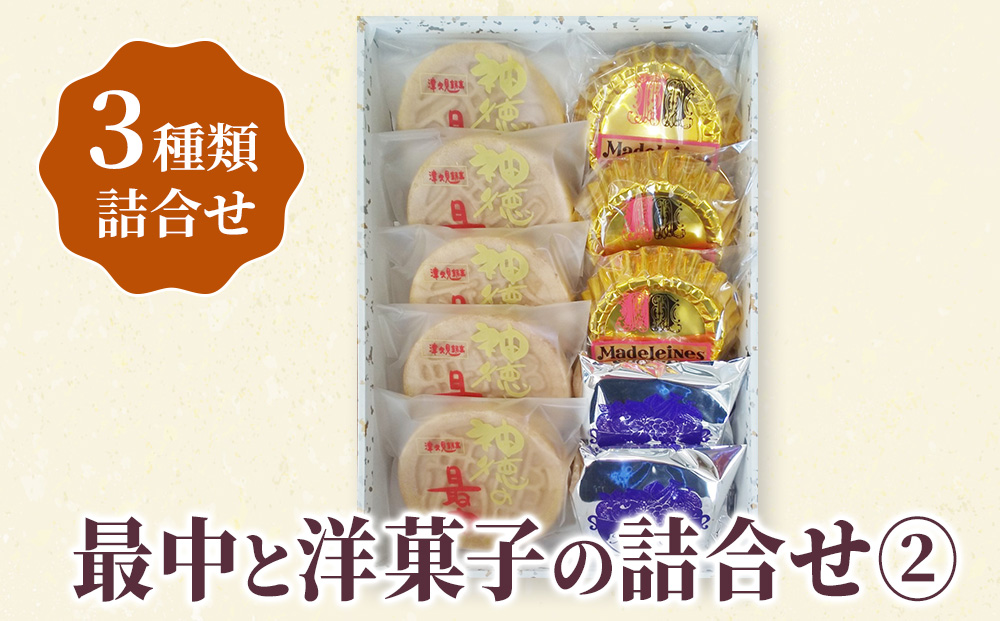 最中と洋菓子の詰合せ2 (神徳の最中・マドレーヌ・フルーツケーキ) もなか 最中 粒あん こし餡 マドレーヌ フルーツケーキ 洋菓子 和菓子 茶菓子 詰め合わせ ギフト 大分県産 九州産 津久見市 熨