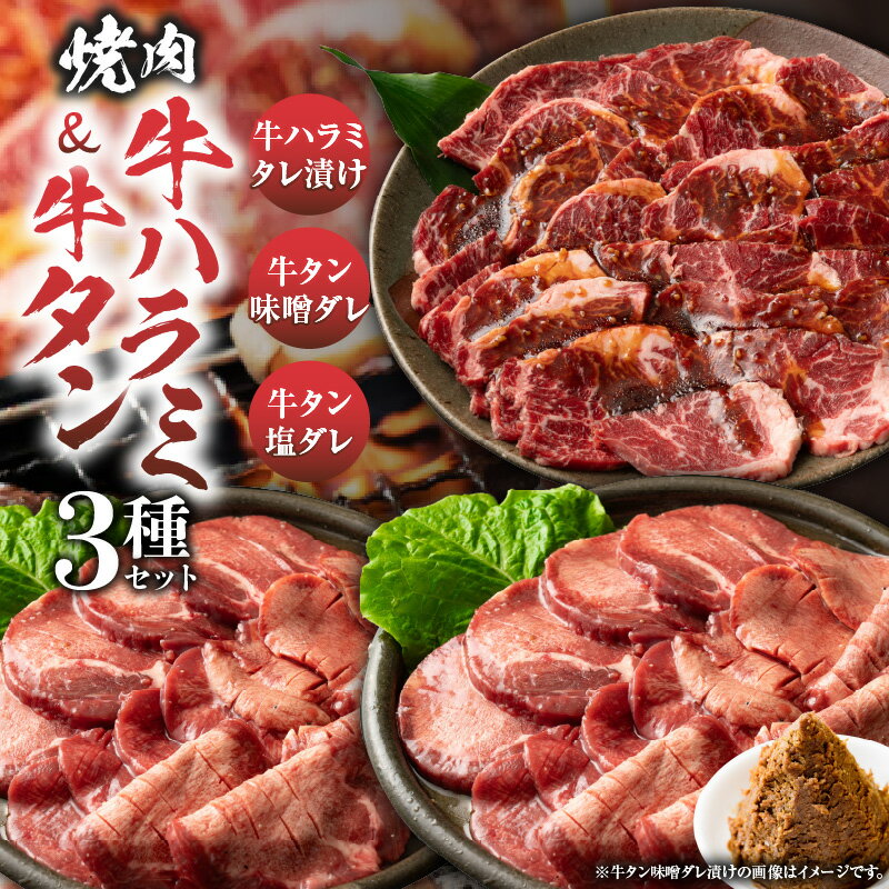 【ふるさと納税】「牛ハラミ」&「牛タン」　焼肉3種セット　各250g(計750g) 牛肉 焼肉 タレ 塩ダレ 味噌ダレ 漬け 秘伝 柔らかい 味付き やきにく ハラミ 牛タン 希少 小分け 冷凍 BBQ バーベキュー 香川県 三木町 おすすめ